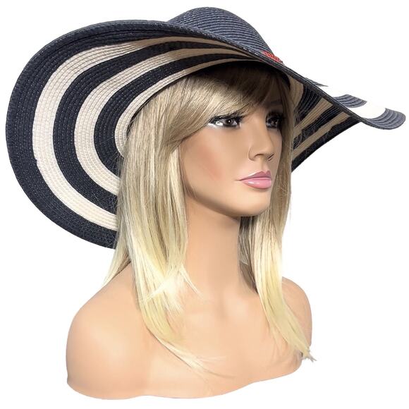 Striped Black and White Sun Hat with Red Accent - Picture 14 of 14